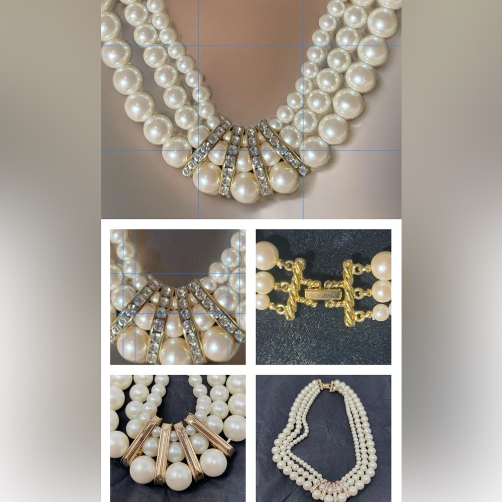 Elegant Triple Strand Faux Pearl Necklace with Gold & Rhinestone Accents